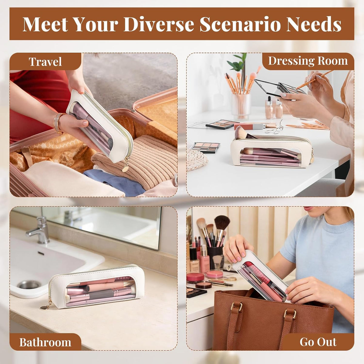 Clear PU Leather Makeup Bag with Transparent Window, Small Travel Cosmetic Case