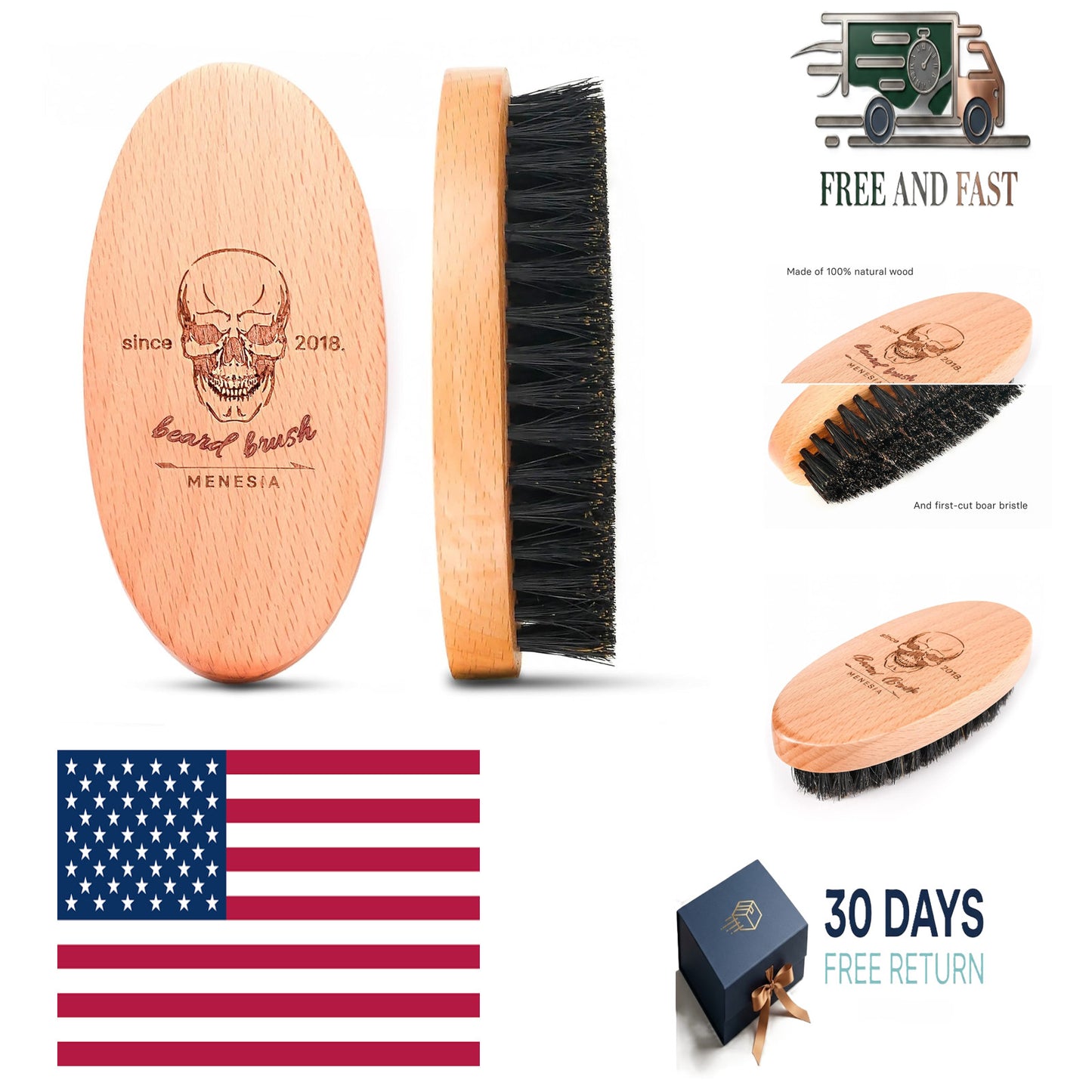Soft Boar Bristle Beard Brush for Men - Smoothing Grooming Tool