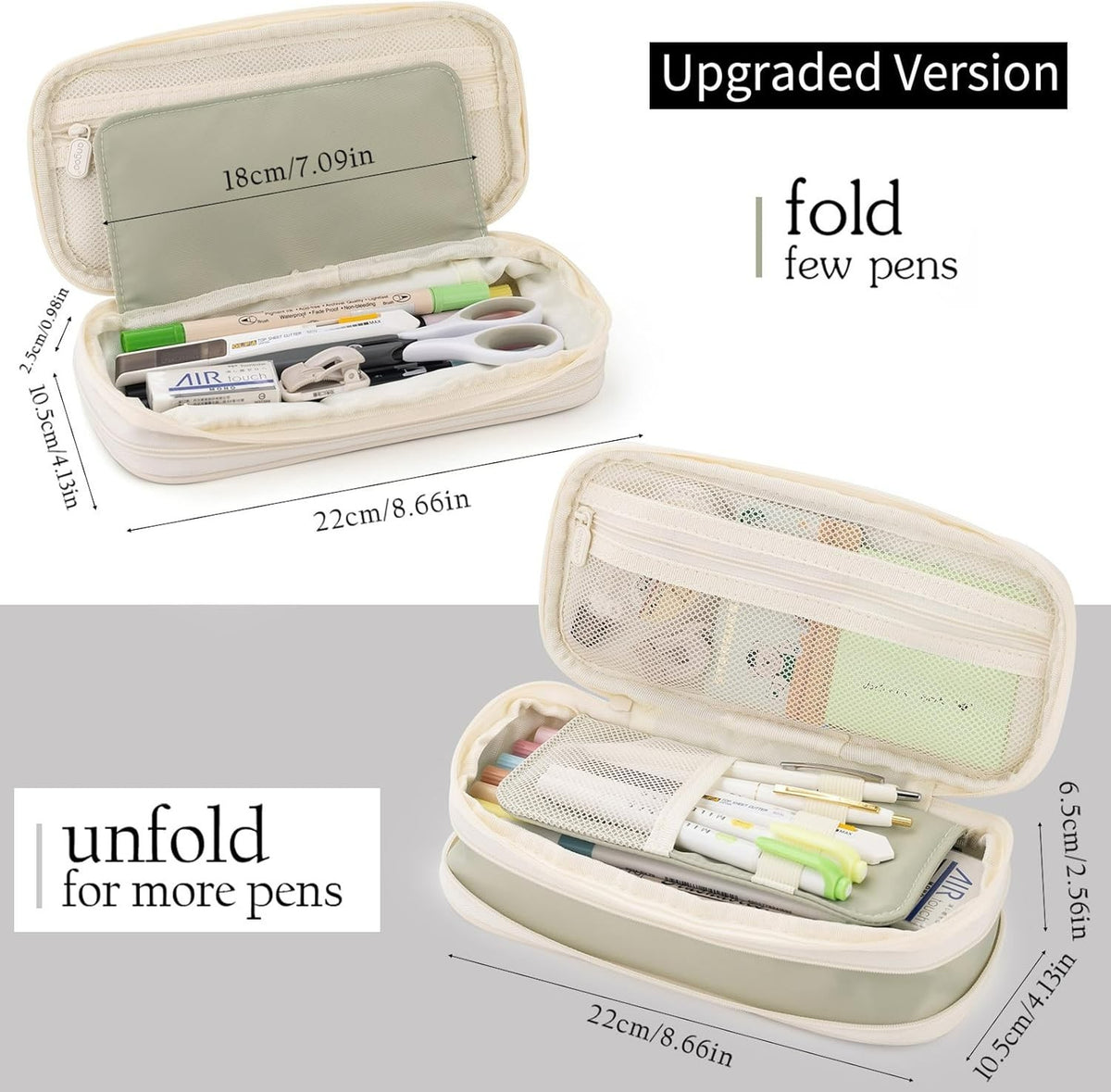 Large Capacity Green Pencil Case for Girls - Expandable Zipper Pouch 8.66x4.13in