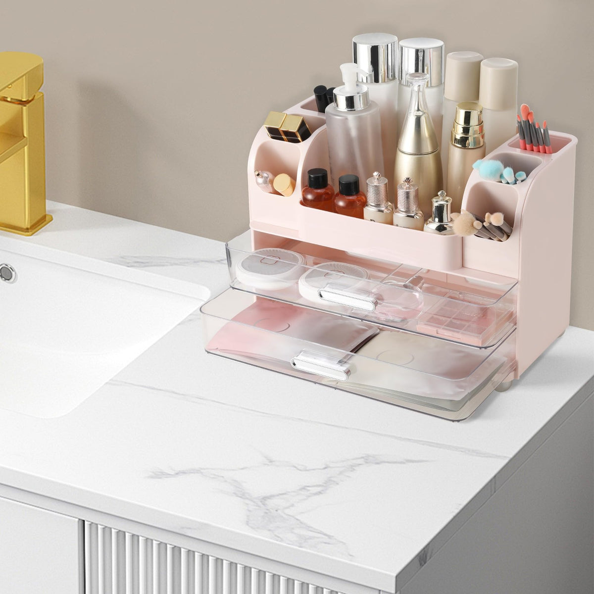 Large Makeup Organizer with Drawers and Compartments Pink - Vanity Storage