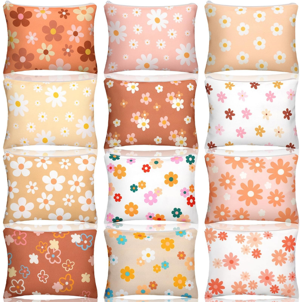 12 Pack Daisy Floral Makeup Bags Set - Portable Cosmetic Toiletry Organizer