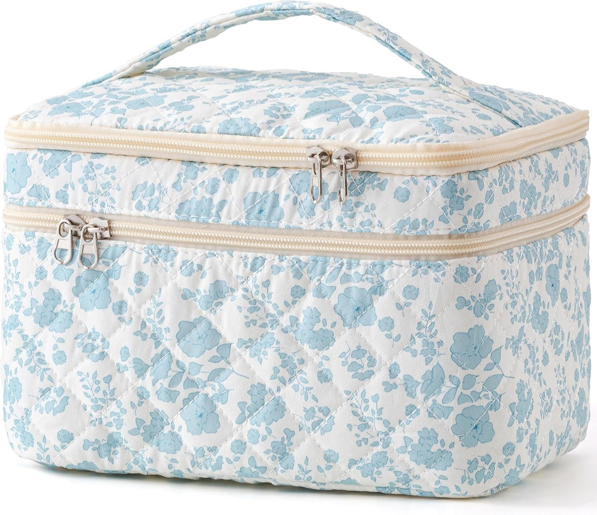 Large Quilted Travel Makeup Bag with Handle - Cotton Cosmetic Organizer