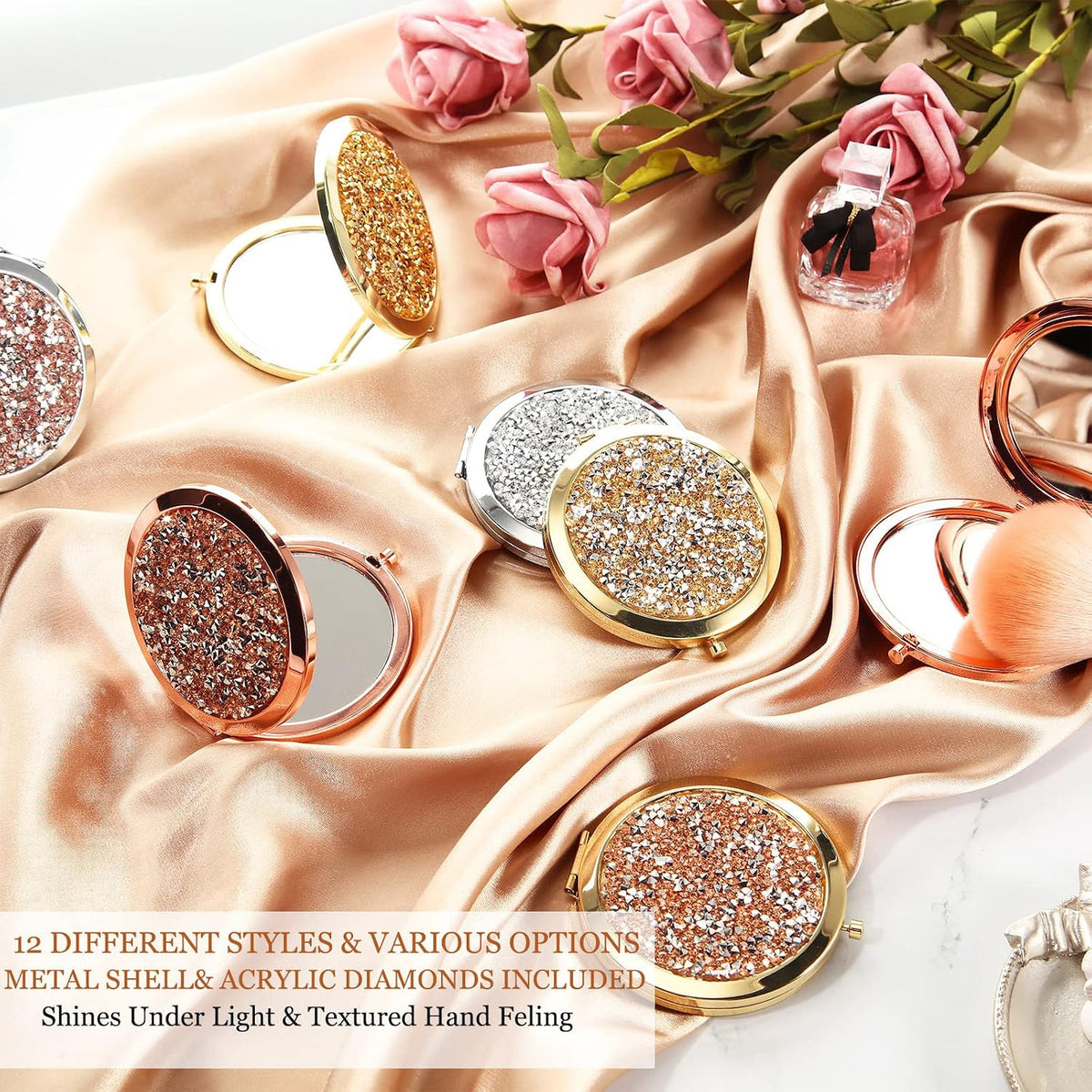 12 Pcs Compact Folding Makeup Mirrors with Rhinestone Outer, Double-Sided Magnification, Portable Handheld Cosmetic Mirrors