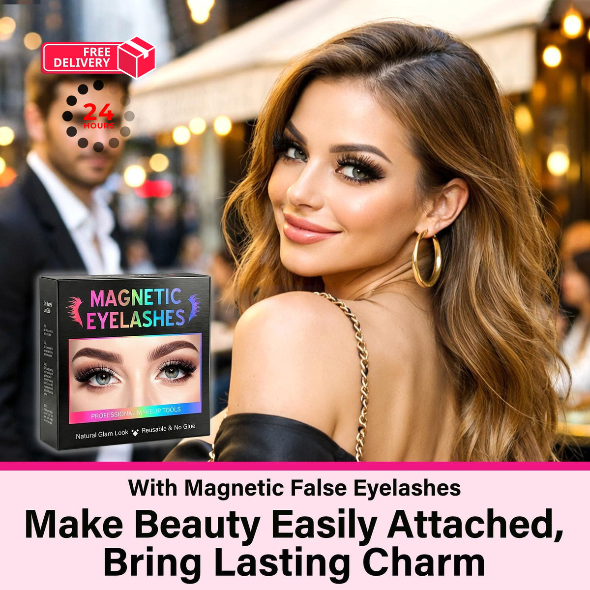 Magnetic Reusable False Eyelashes with Applicator & Case - Pink, 2 Pairs