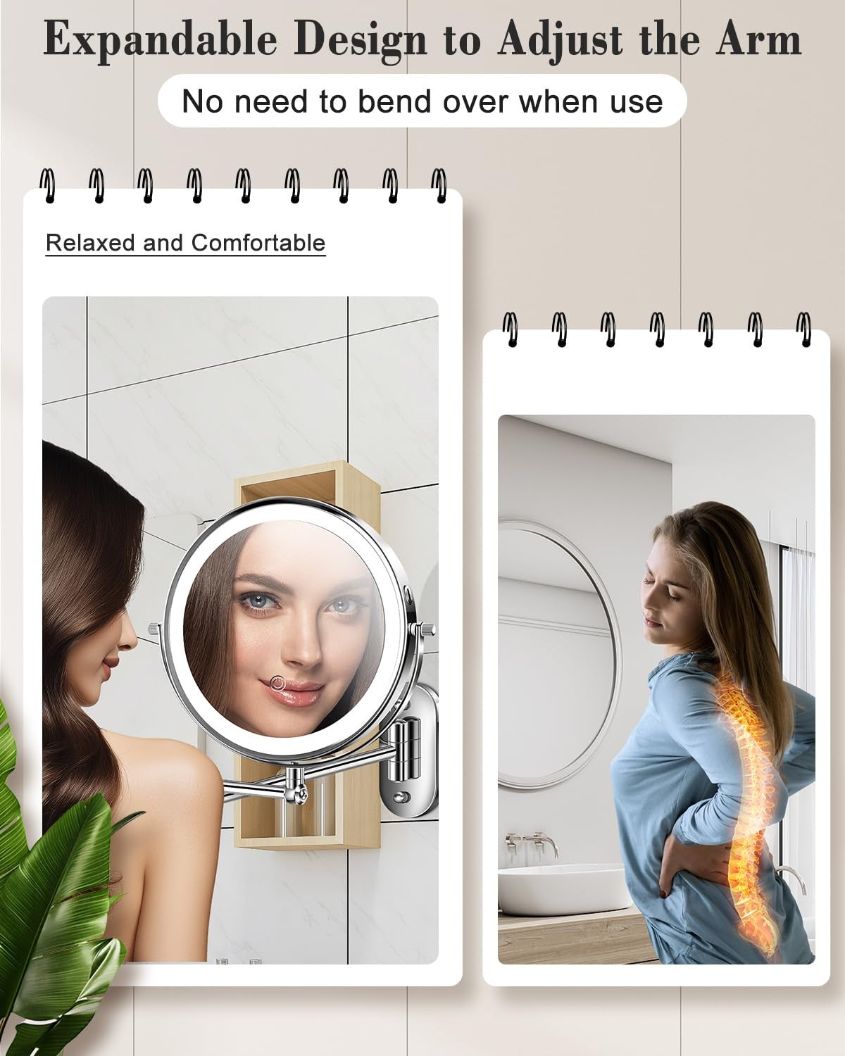 9-Inch Wall Mounted Makeup Mirror with LED Lights, 20X Magnification, Rechargeable & Adjustable Arm