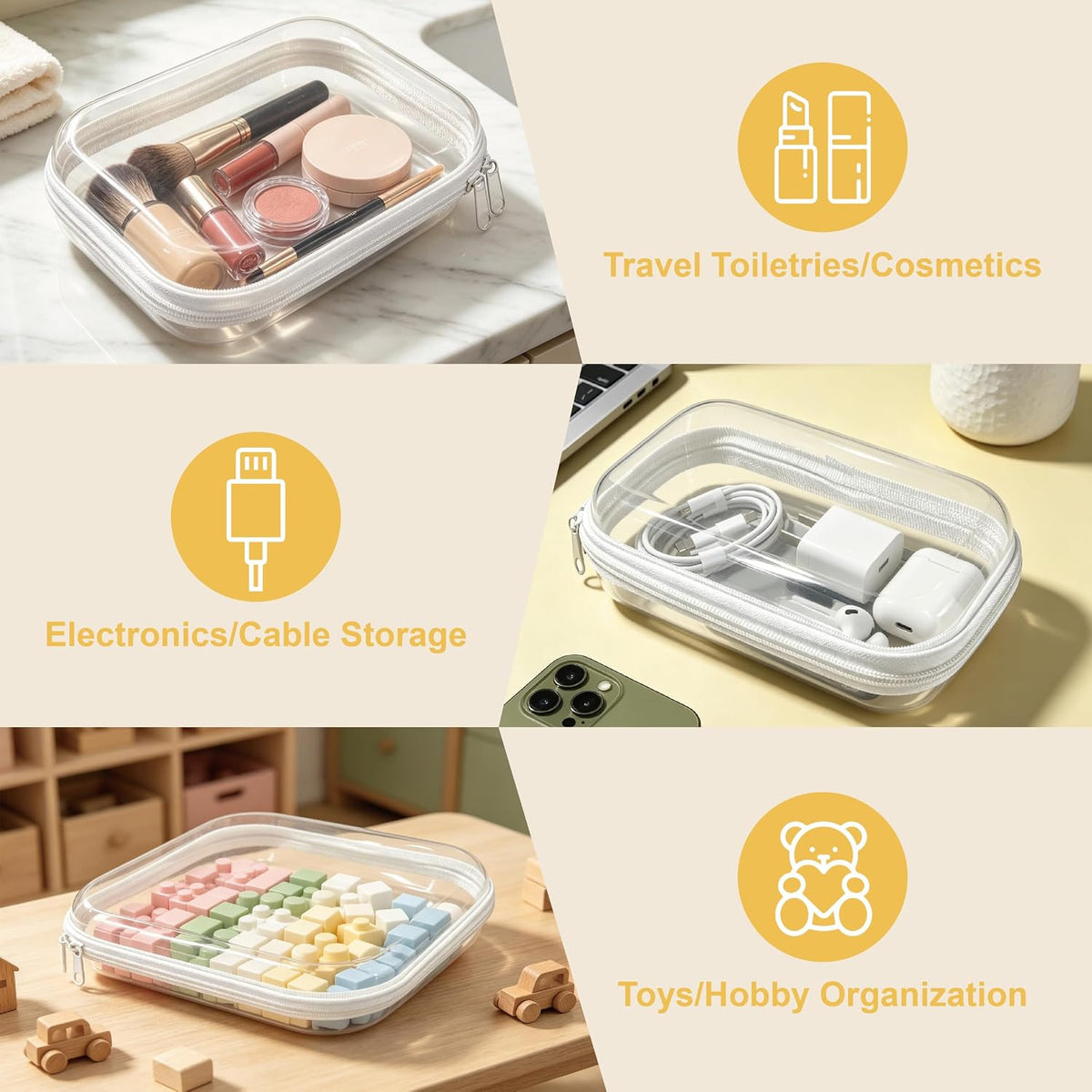 6 Pack Clear Hard Shell Zipper Organizer Cases for Travel & Makeup