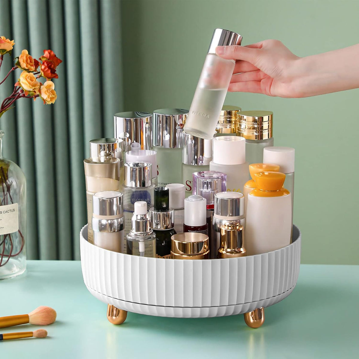 Rotating Makeup Organizer Tray with Perfume Holder - 360° Turntable, White