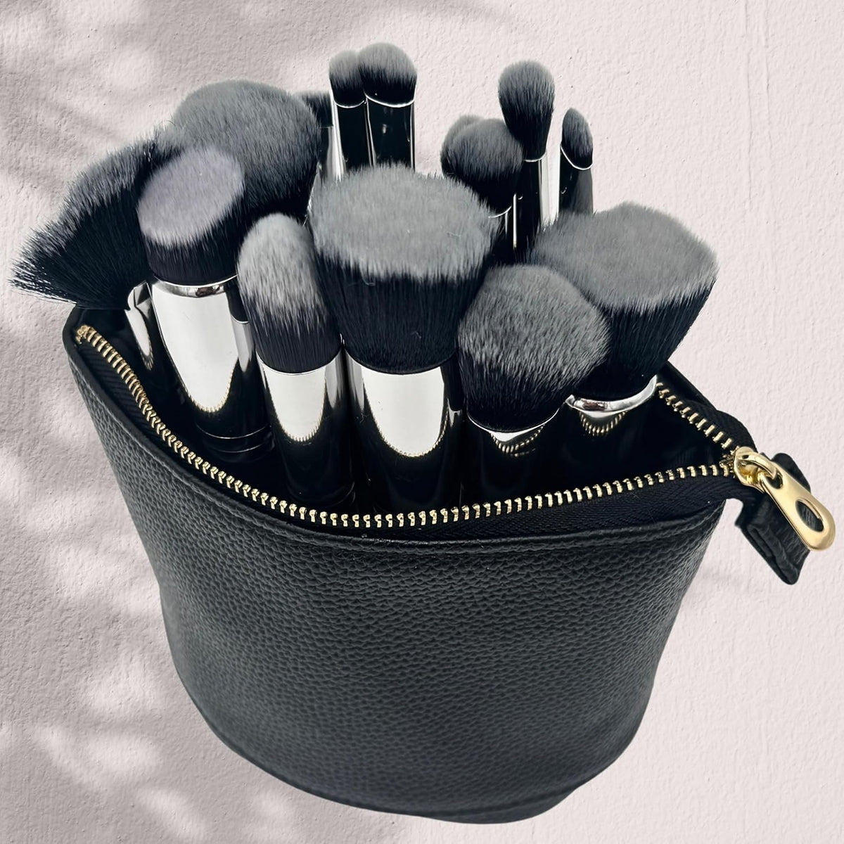 Travel Makeup Brush Holder Bag - 2-in-1 Stand-Up Cosmetic Pouch, Water-Resistant, Black