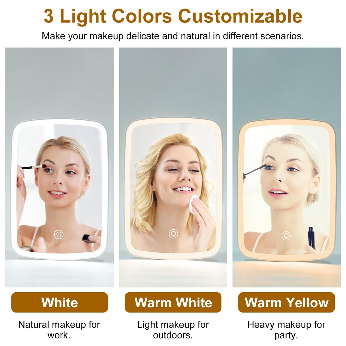 LED Travel Makeup Mirror with 3 Light Colors & Dimmable LED Lighting