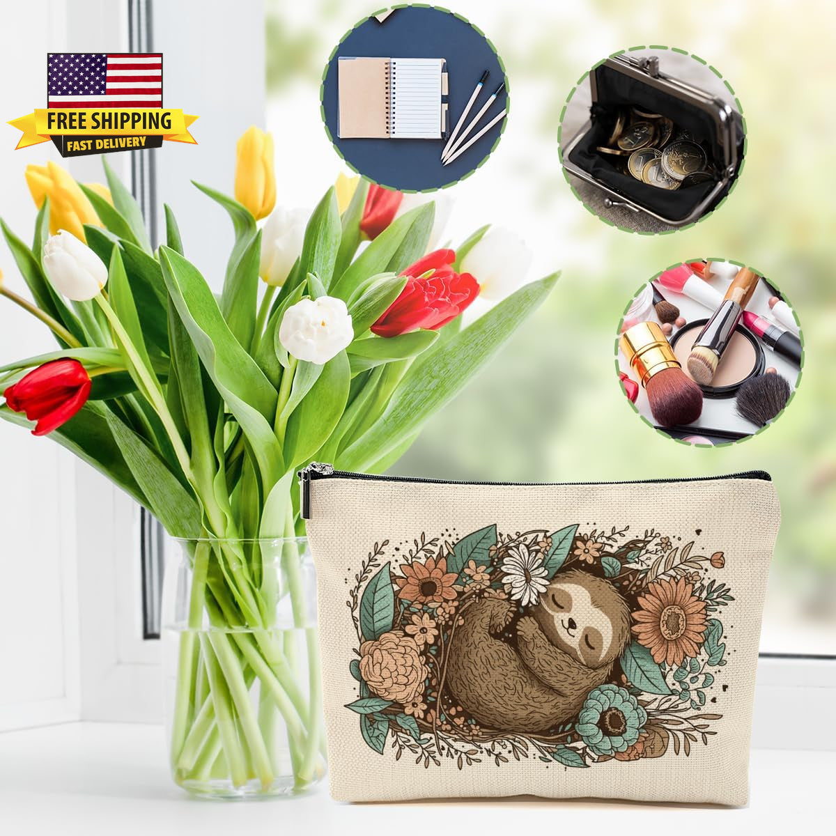 Cute Sloth Makeup Bag for Women and Girls Travel Cosmetic Organizer