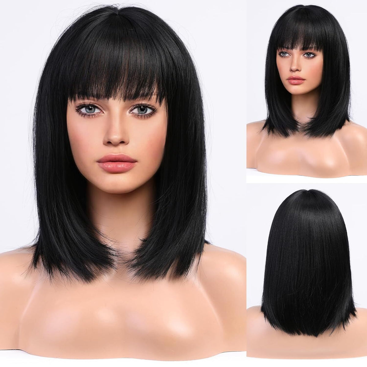 15in Bob Style Wigs for Women - Short Straight Black with Bangs Natural Look
