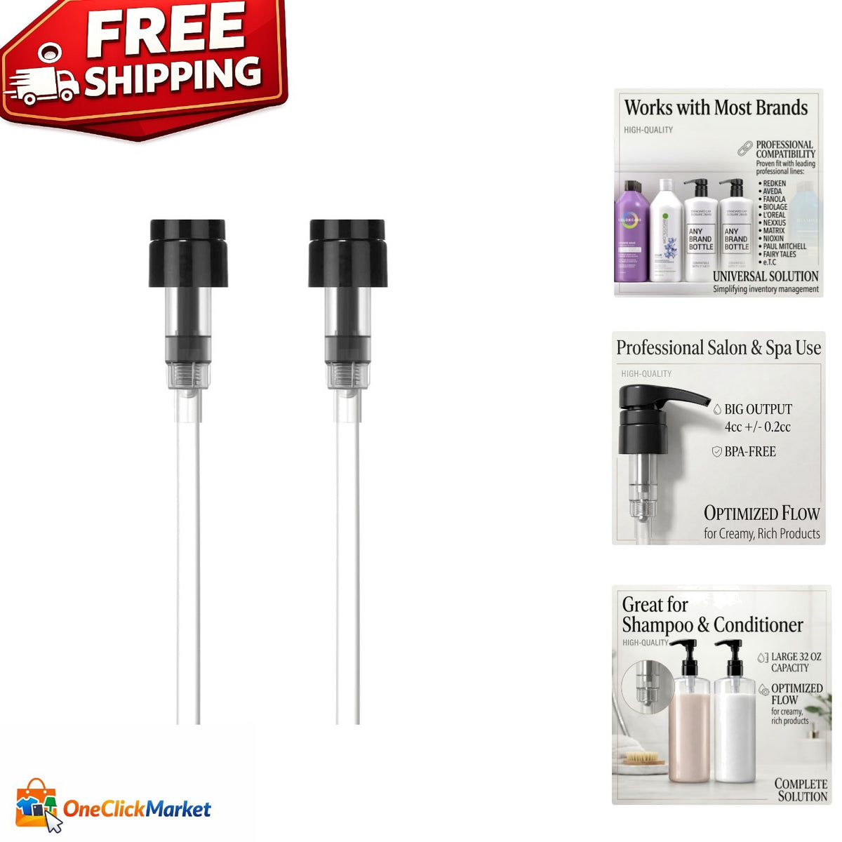 Salon-Quality Pump Dispensers for Shampoo & Conditioner - Black, 2 Pack