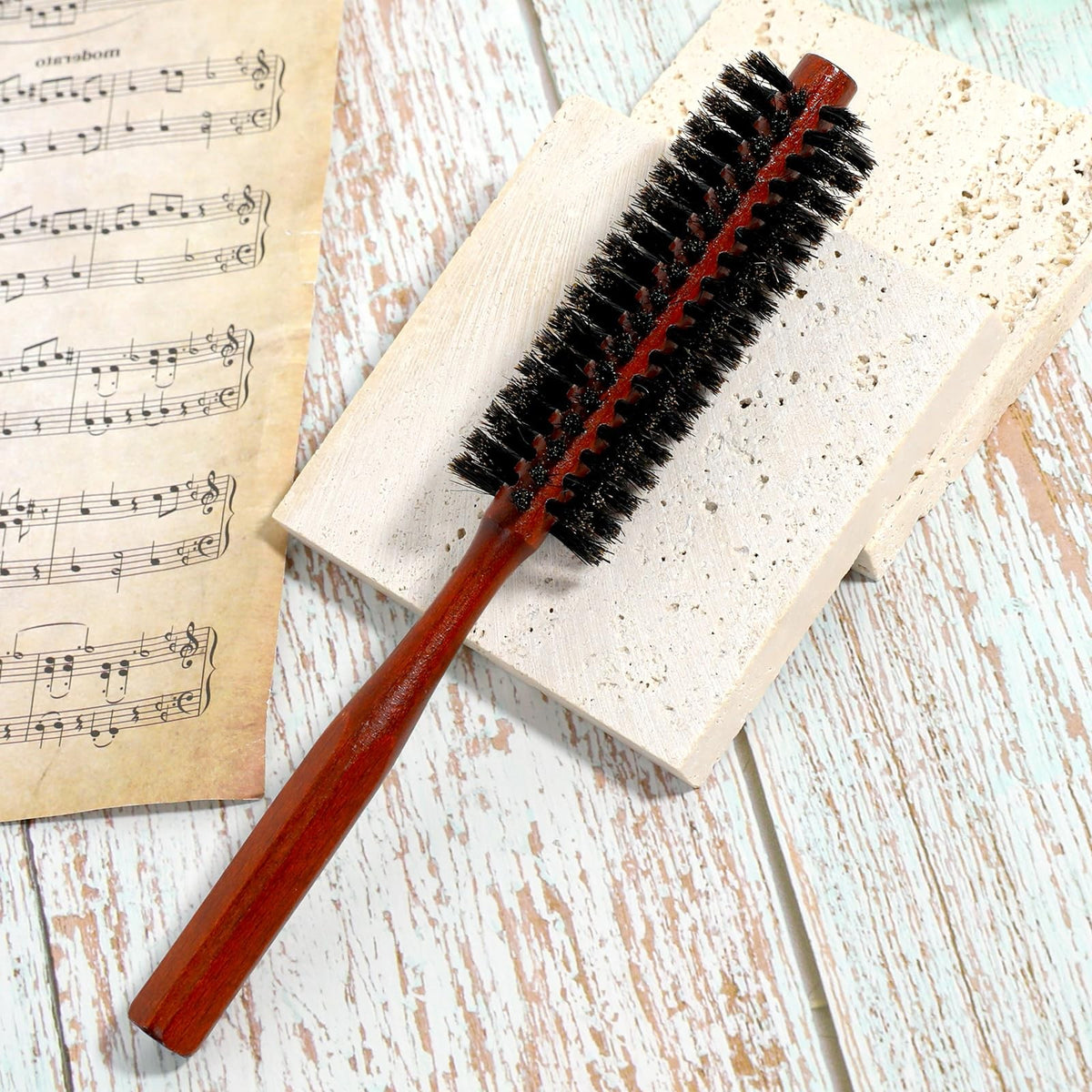 Small Round Boar Bristle Hair Brush for Thin Short Hair - Natural Wooden Styling Brush