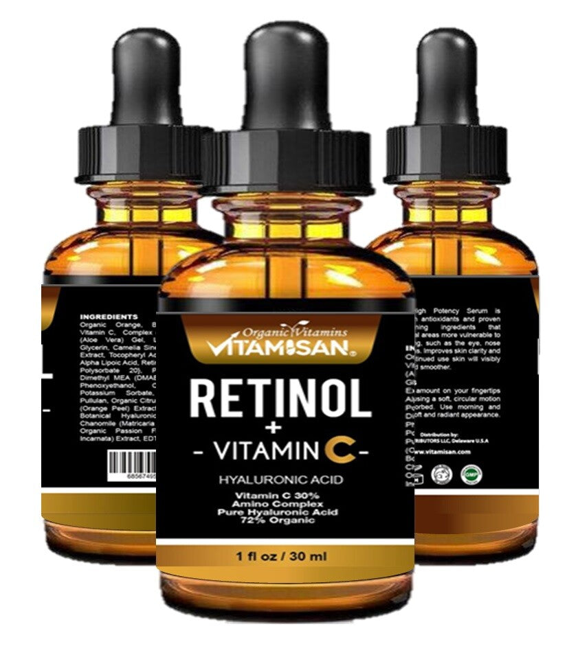 Retinol Vitamin C Hyaluronic Acid Face Serum Anti-Aging Wrinkle Treatment - 3 Oz