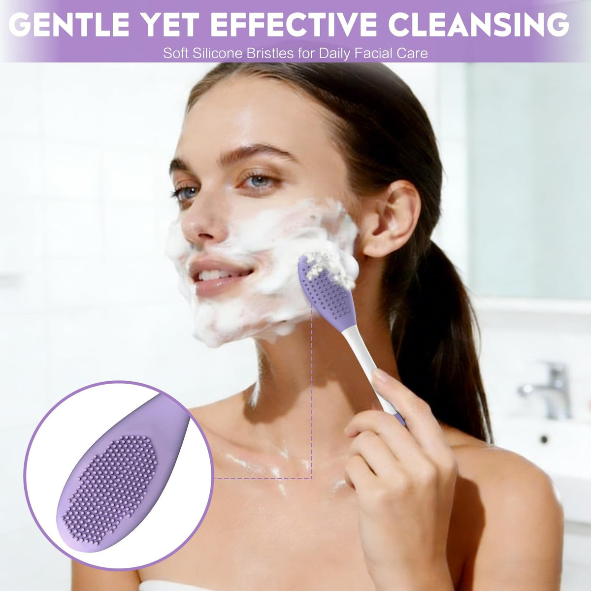 Silicone Pore Cleansing Brush Set - Dual-Ended Face Mask Applicator & Face Scrubber - Purple & Pink