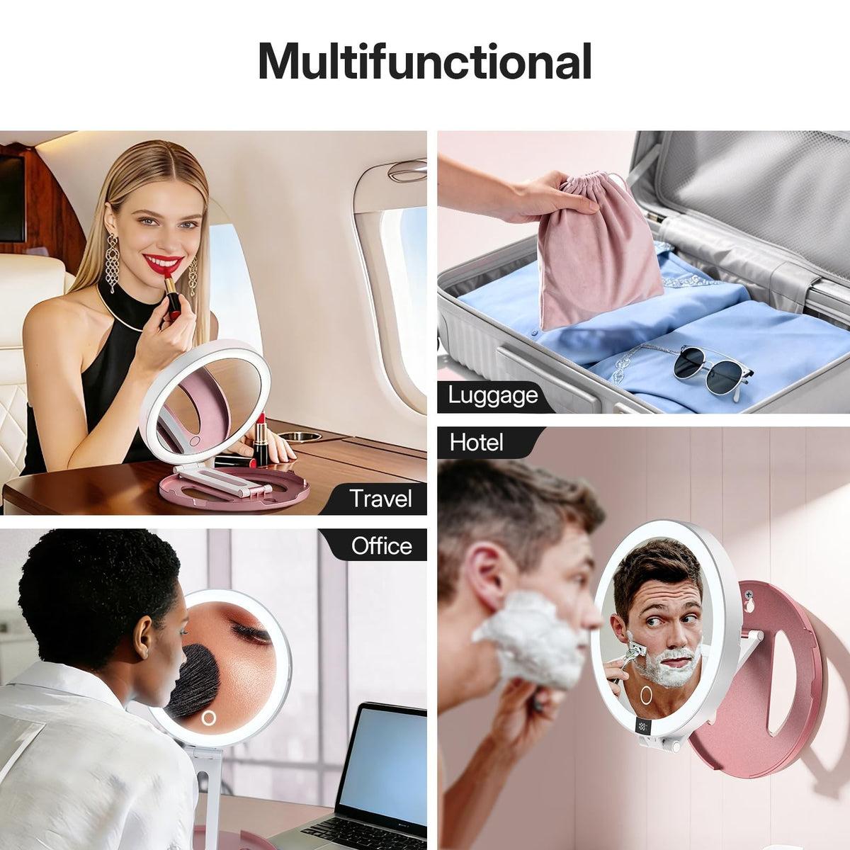 Travel Makeup Mirror with Lights, 10X/1X Double-Sided, Rechargeable & Foldable
