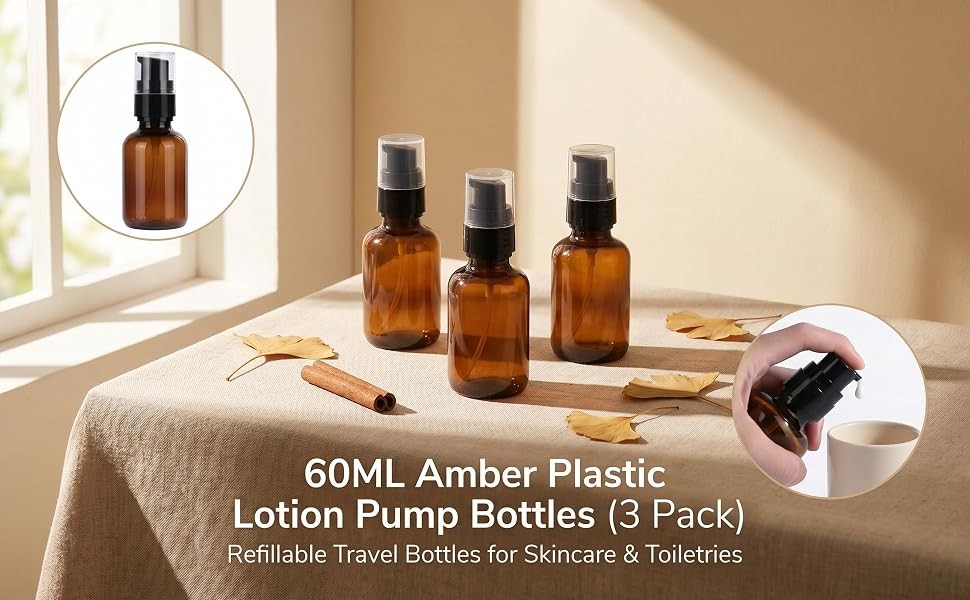 3 Pack 60ml Amber Plastic Travel Lotion Bottles with Pump Dispenser