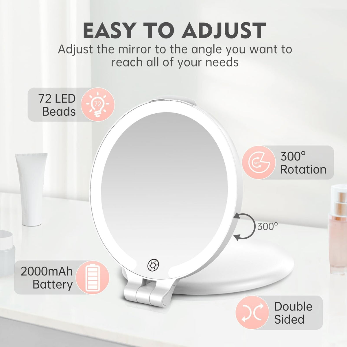 Travel Makeup Mirror with Lights and 10X Magnification - Rechargeable Portable Double-Sided Vanity Mirror, 3 Color Options