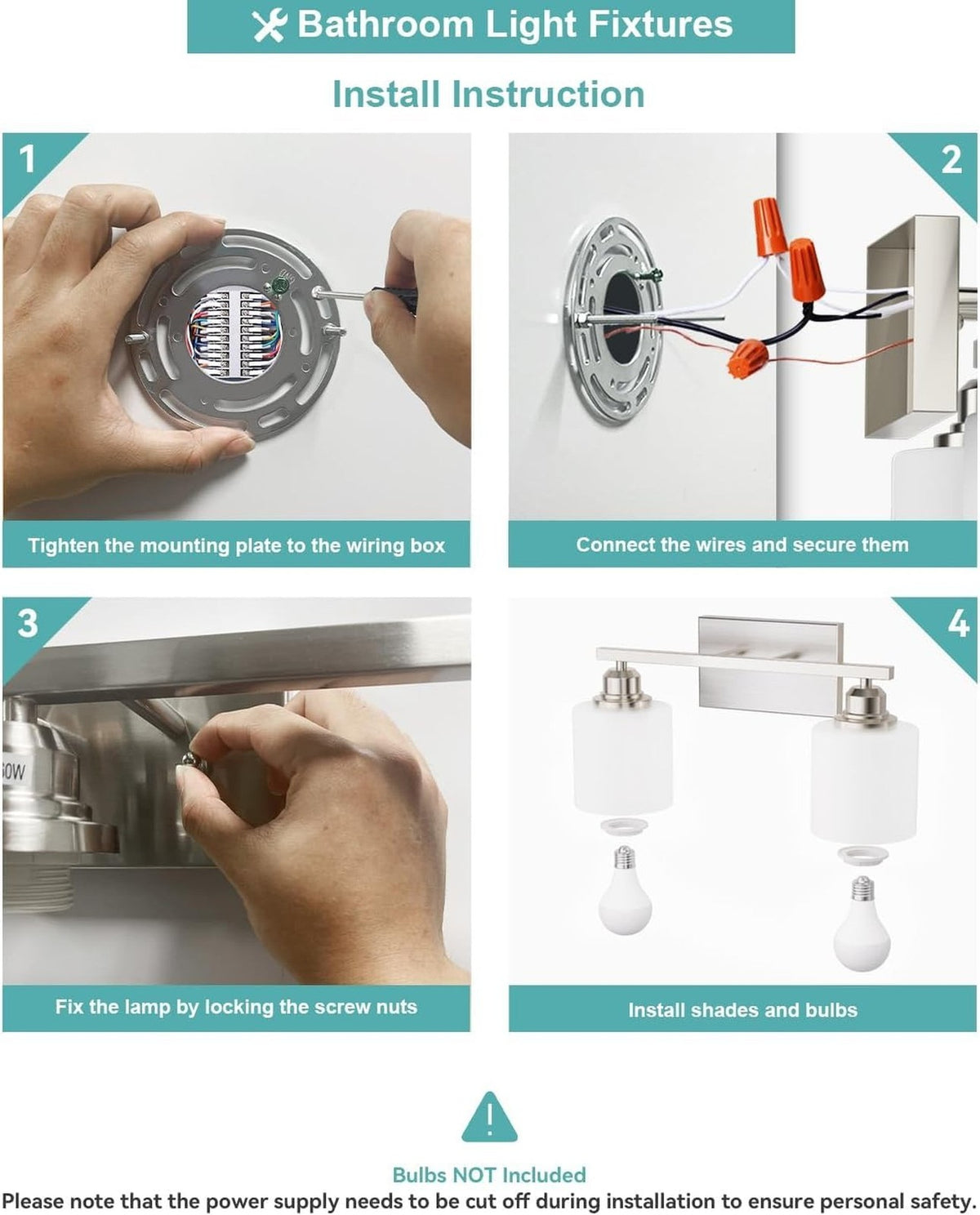 2-Light Bathroom Vanity Light Fixture, Brushed Nickel Modern Wall Sconce with White Glass Shades