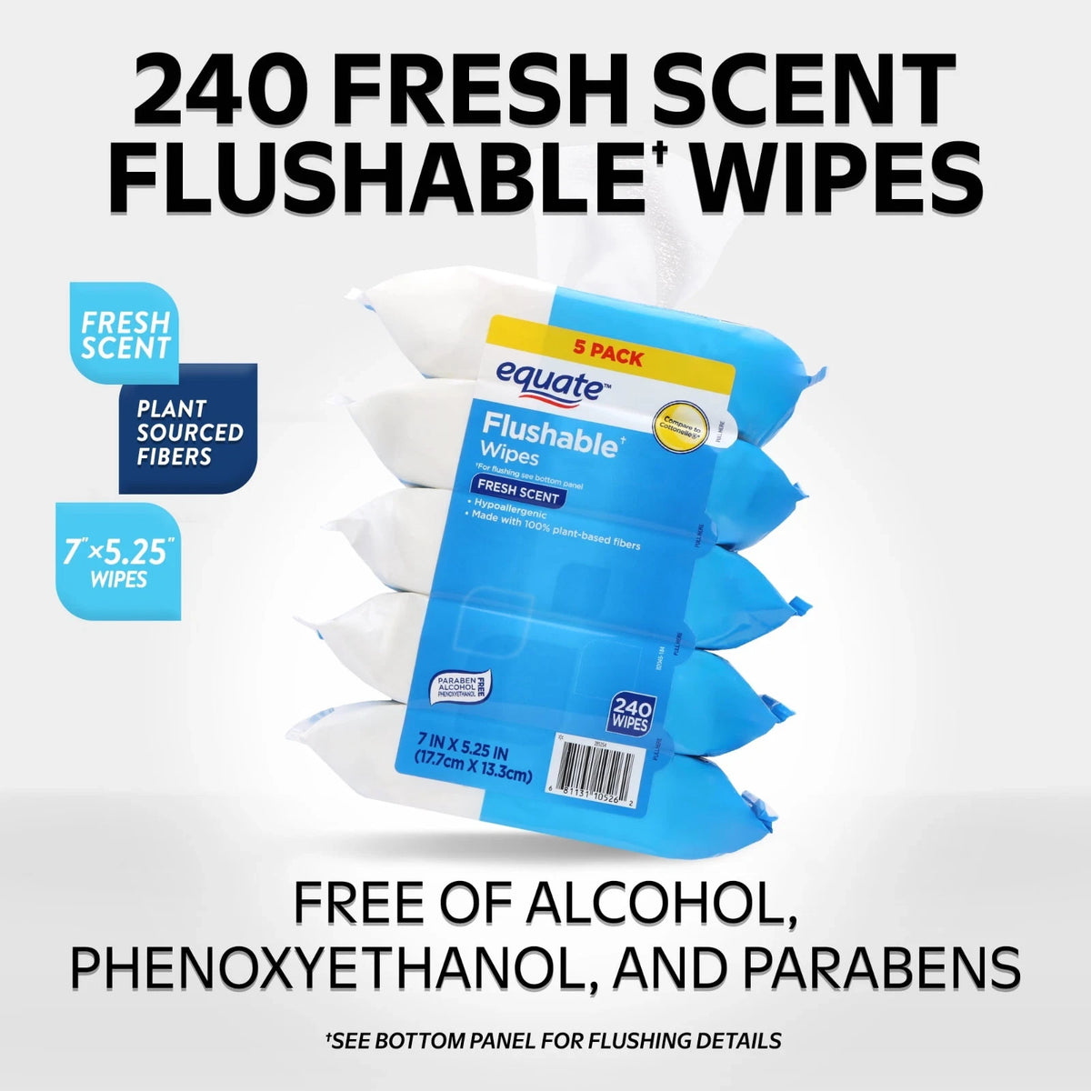 Hypoallergenic Flushable Wet Wipes with Fresh Scent - 240 Count, 5 Pack