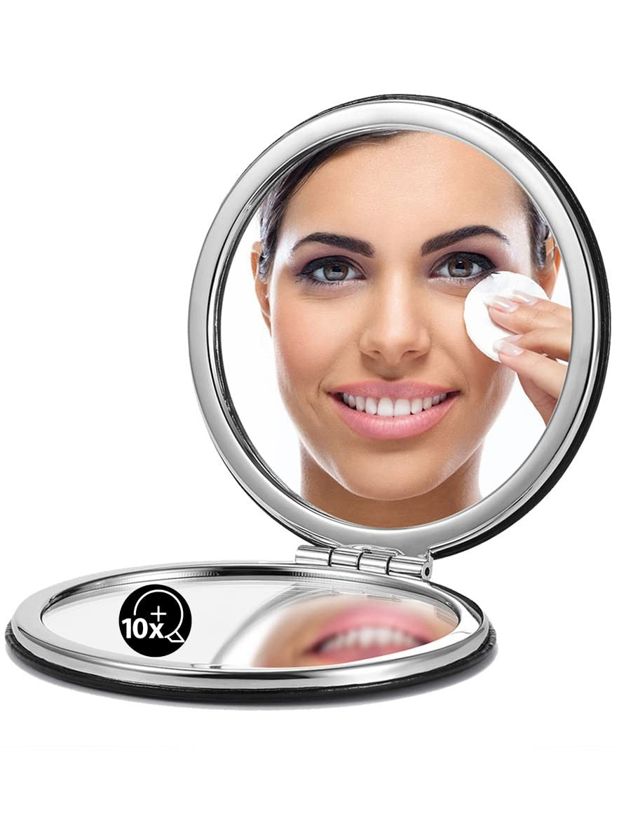 10X Magnifying Compact Mirror with PU Leather - Portable Round Black Vanity