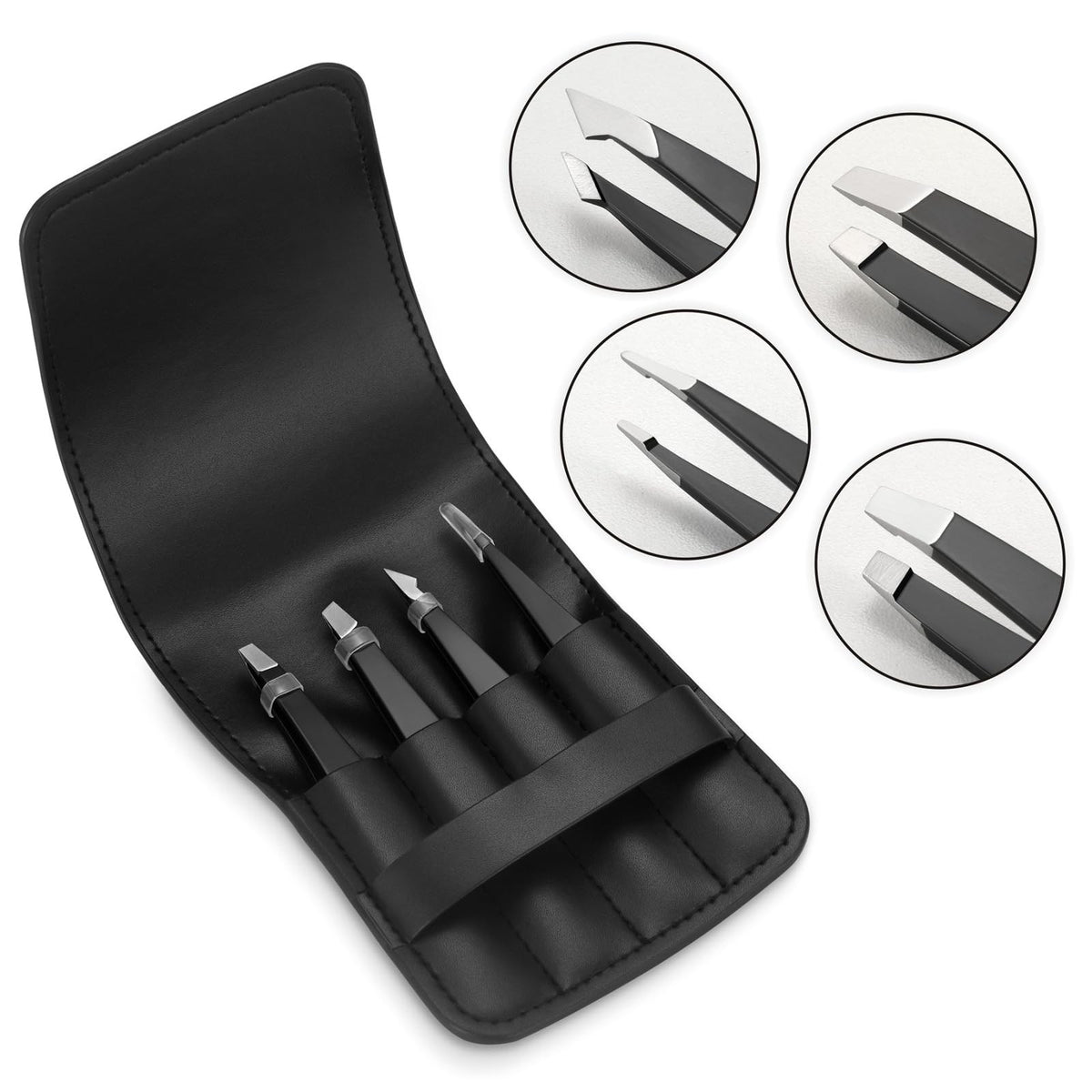 Professional Stainless Steel Tweezers Set - 4 Piece Travel Kit, Black