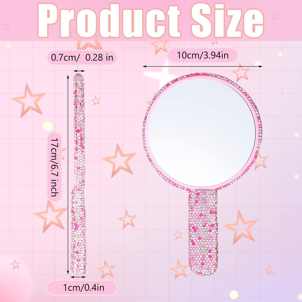 2-Piece Rhinestone Hand Mirror Set Pink White Bling Wedding Makeup Accessories