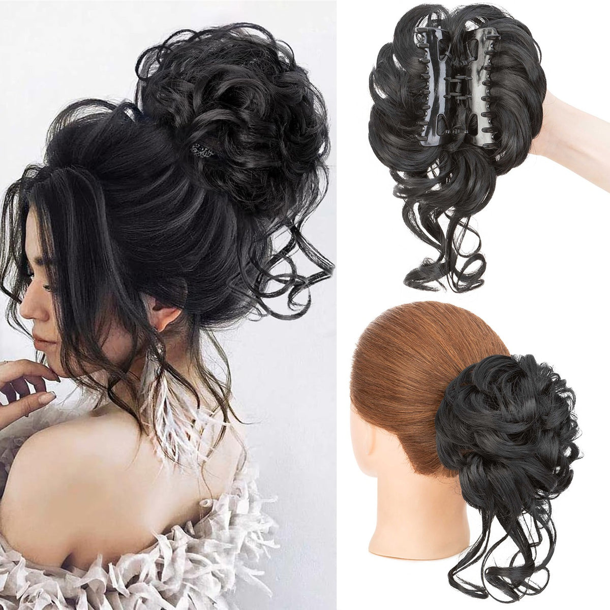 Thick Messy Curly Hair Bun Claw Clip Extensions - Multiple Colors & Lengths