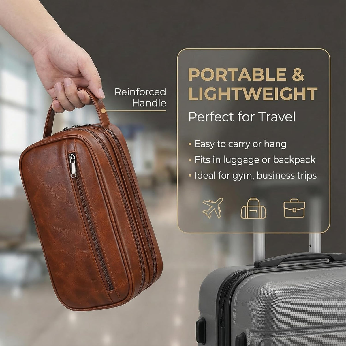 Men's Leather Travel Toiletry Bag Double Deck Waterproof Grooming Organizer