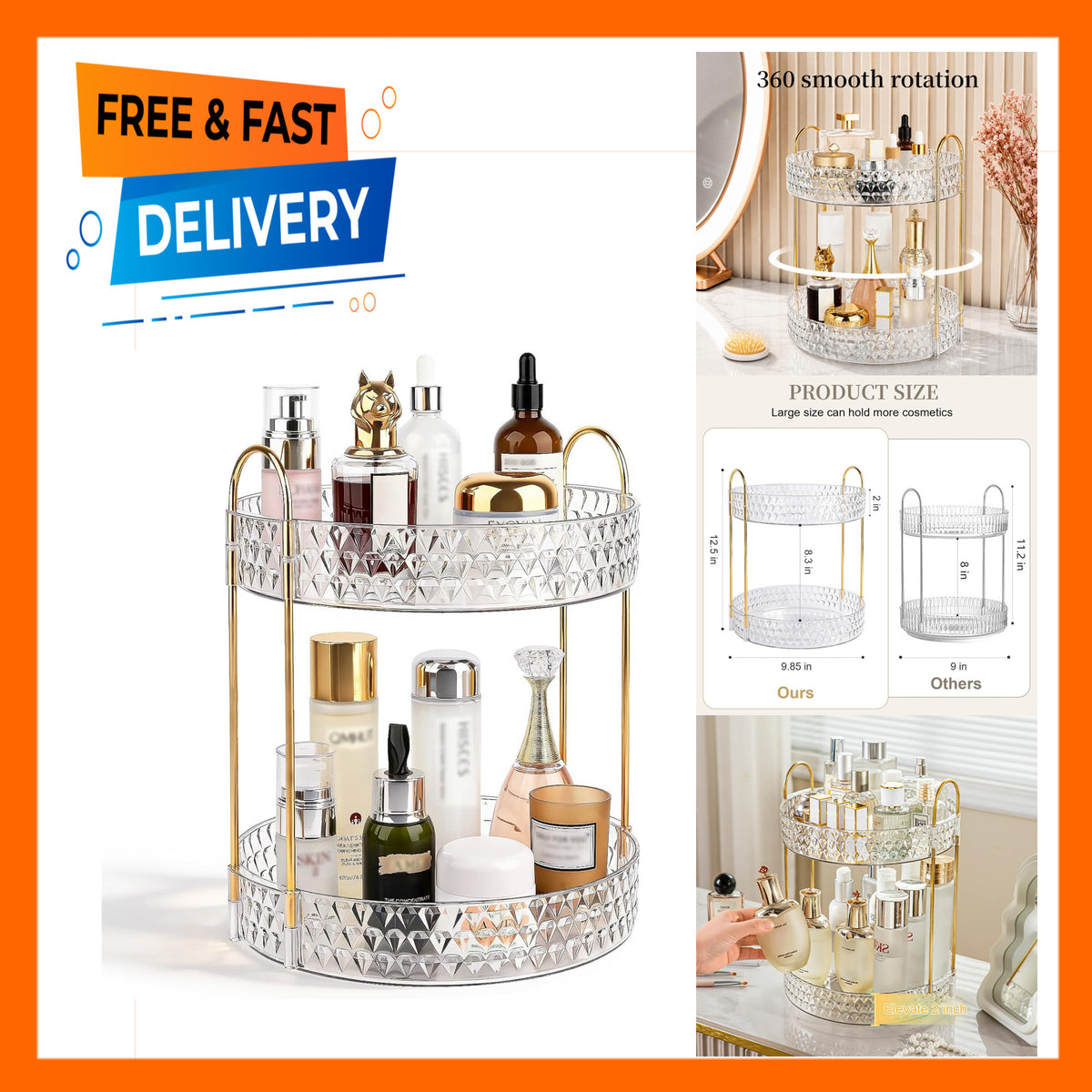 Large Capacity Rotating Makeup Organizer with 2 Tiers and Acrylic Finish