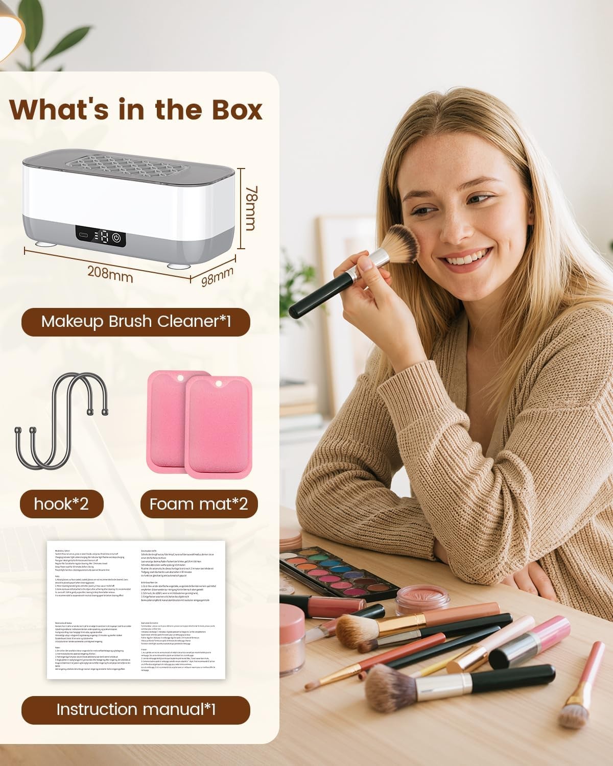 Ultrasonic Makeup Brush Cleaner Machine, 45KHz USB Rechargeable, 3 Timer Modes