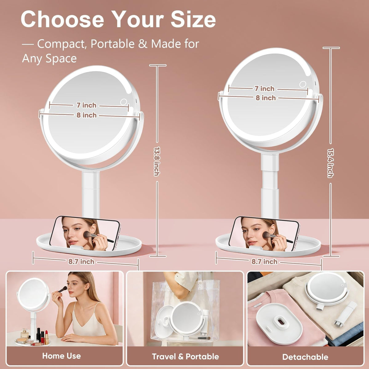 Rechargeable LED Lighted Makeup Mirror with 10X Magnification and Adjustable Height