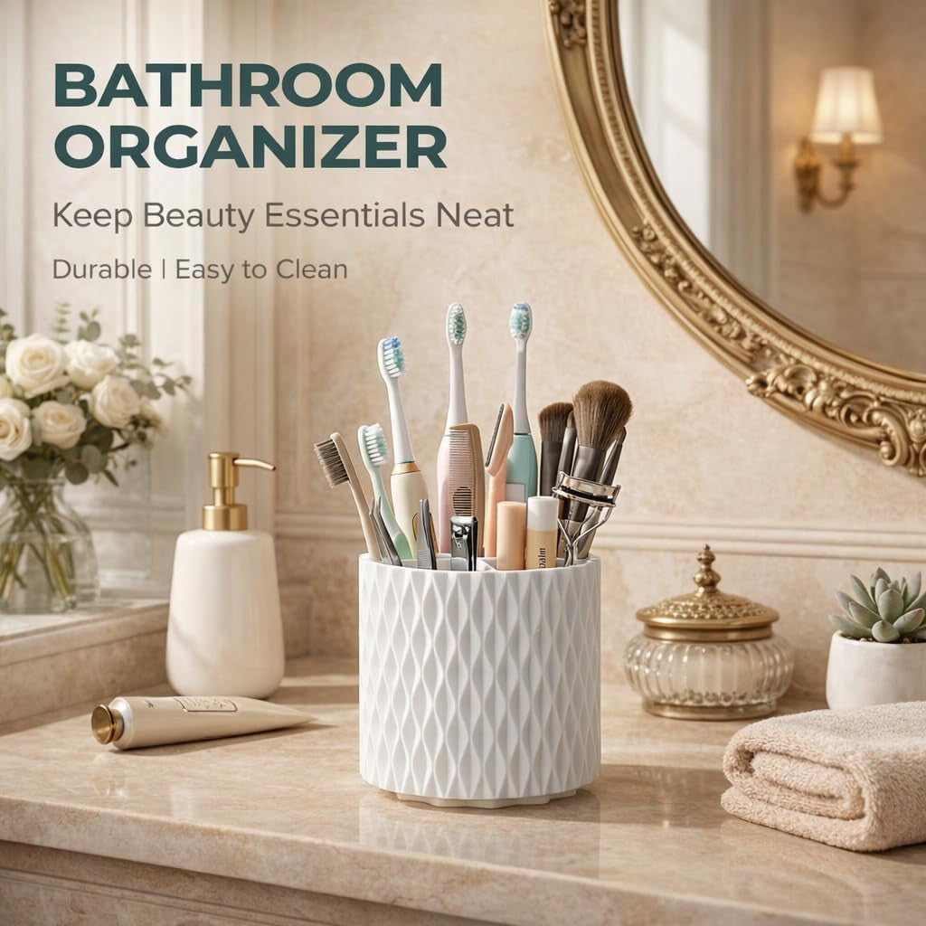 White Rotating Makeup Brush Organizer with 5 Compartments | Vanity & Desk Storage