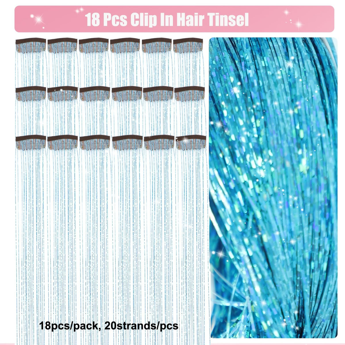 Sparkling Clip-In Hair Tinsel Extensions - Sky Blue, 20 Inch, 18 Pack