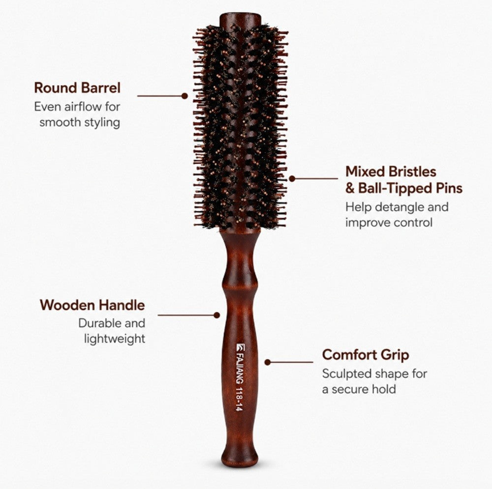 2.2 Inch Round Bristle Hair Brush with Wooden Handle for Blowouts & Styling