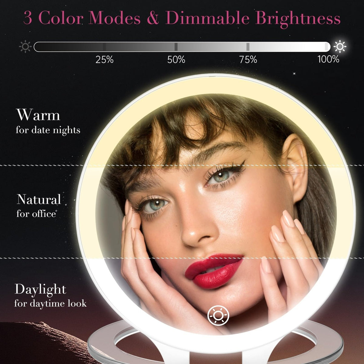 Rechargeable Lighted Travel Makeup Mirror - Double Sided with 3 Light Modes