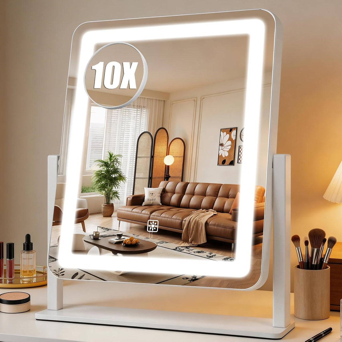Large LED Makeup Mirror with Lights, 15x12.2 Inch Dimmable Vanity Mirror with 3 Color Modes & 360° Rotation