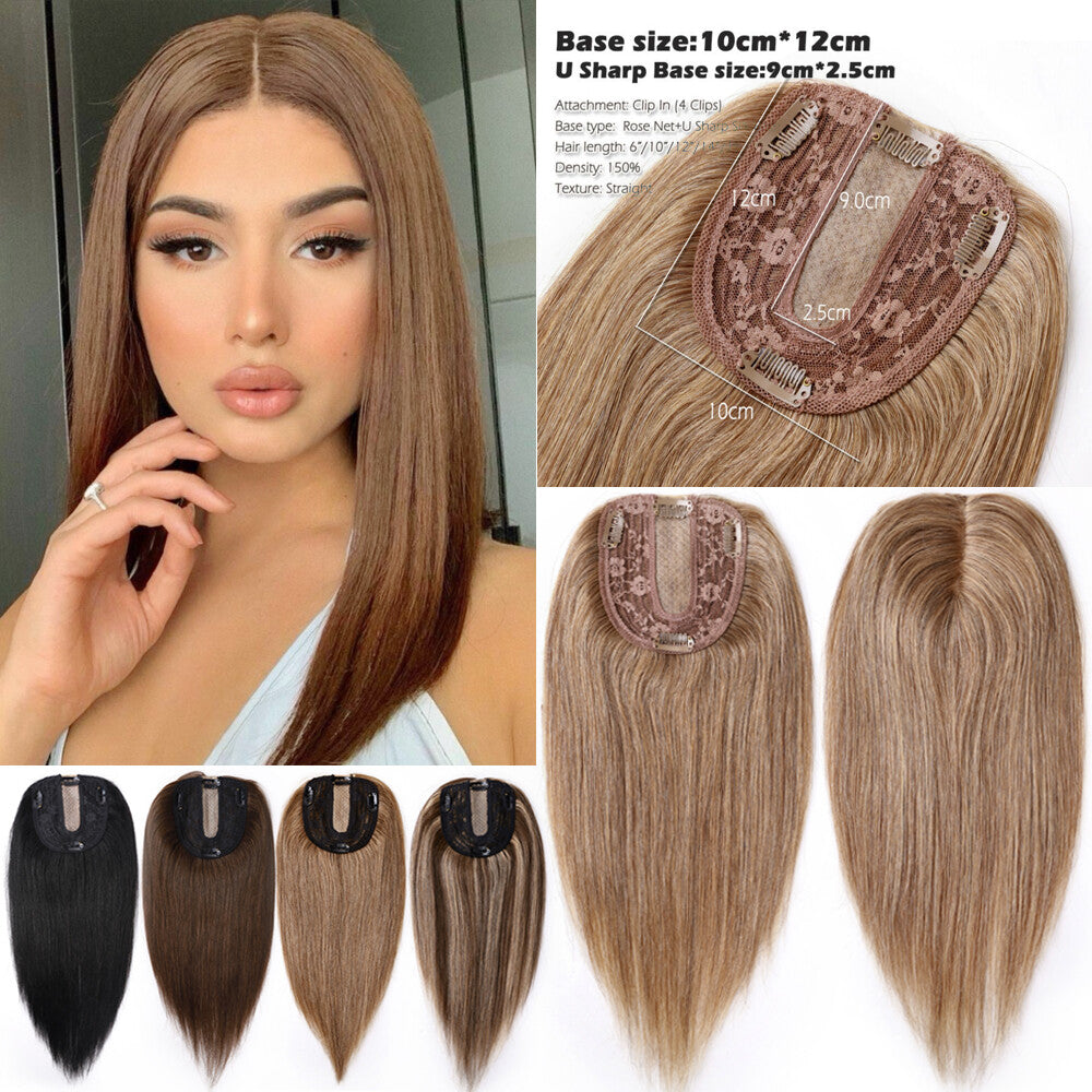 Human Hair Topper Clip-In Hairpiece with Silk Base - Brown, 6-12 Inches