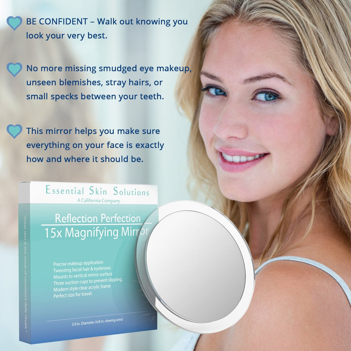 15X Magnifying 6 Inch Round Makeup Mirror with Suction Cups for Travel