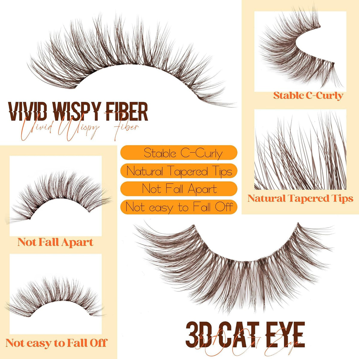 Brown False Eyelashes Wispy Cat Eye C-Curly Natural Look Reusable Strip Lashes