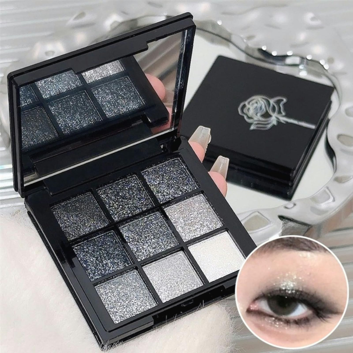 Glitter Eyeshadow Palette - 9 Colors, Waterproof & Long-Lasting, Black Silver