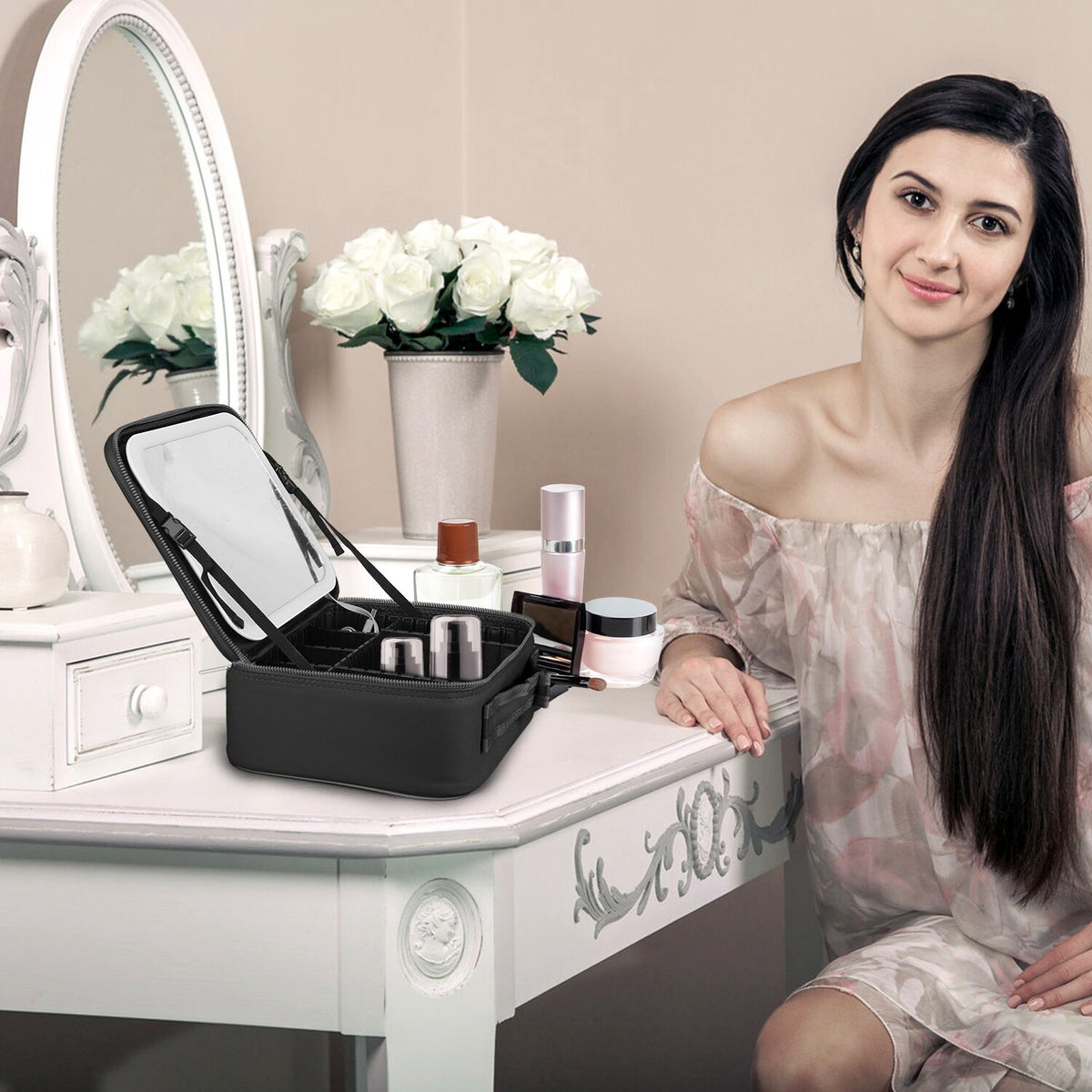 Travel Makeup Bag with LED Mirror and Adjustable Compartments Organizer