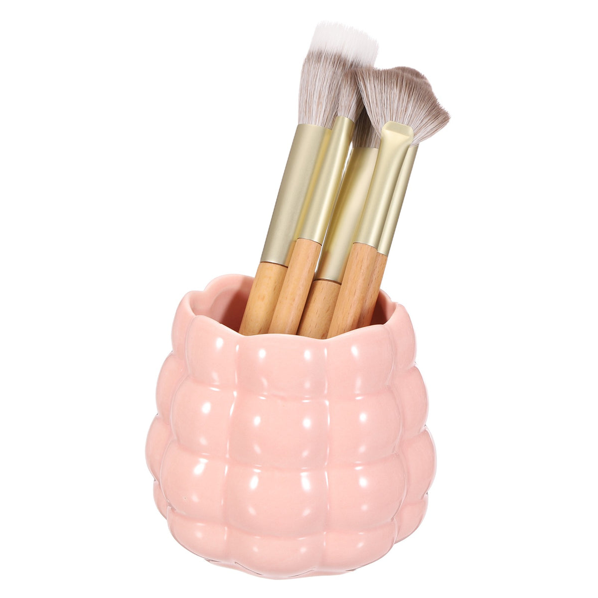 Ceramic Makeup Brush Holder - Pink Round Desktop Pen & Cosmetic Organizer