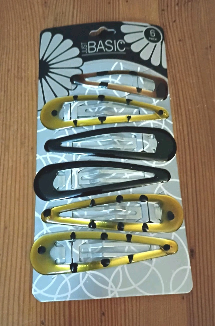 (NWT) Vtg 6 Pack 3" Just Basic Stay-Tight Flat Metal Barrettes GOLD