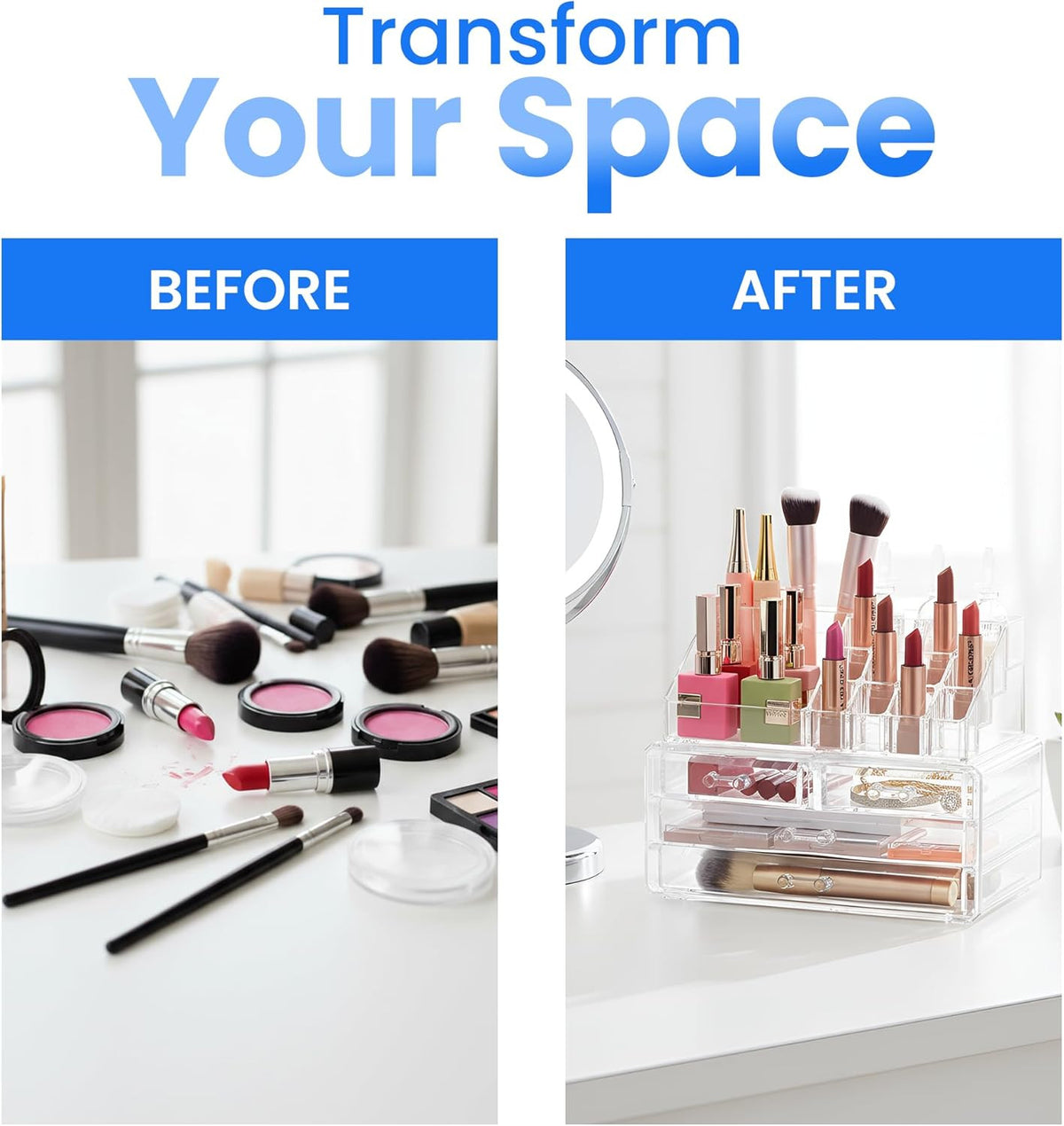 Clear Makeup Organizer with 4 Drawers & 16 Compartments for Vanity Storage