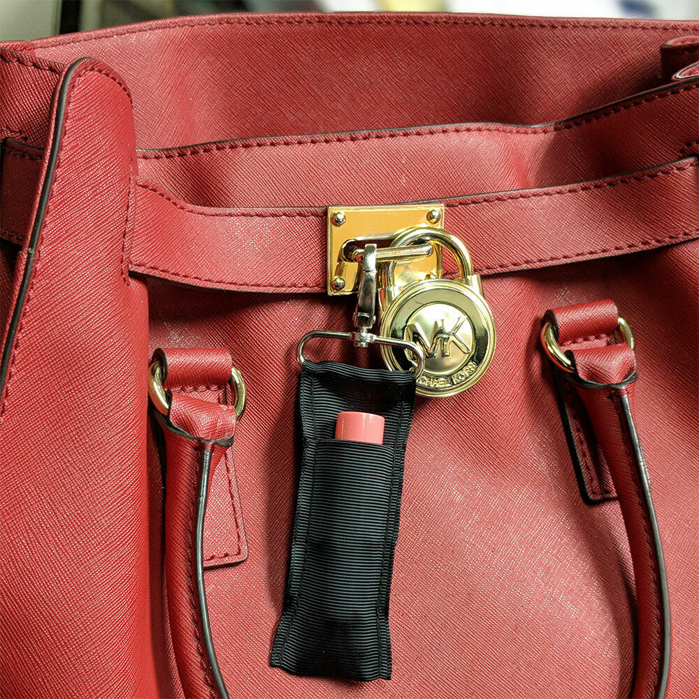 Blue Nylon Lipstick & Lip Balm Holder Keychain with Metal Clip