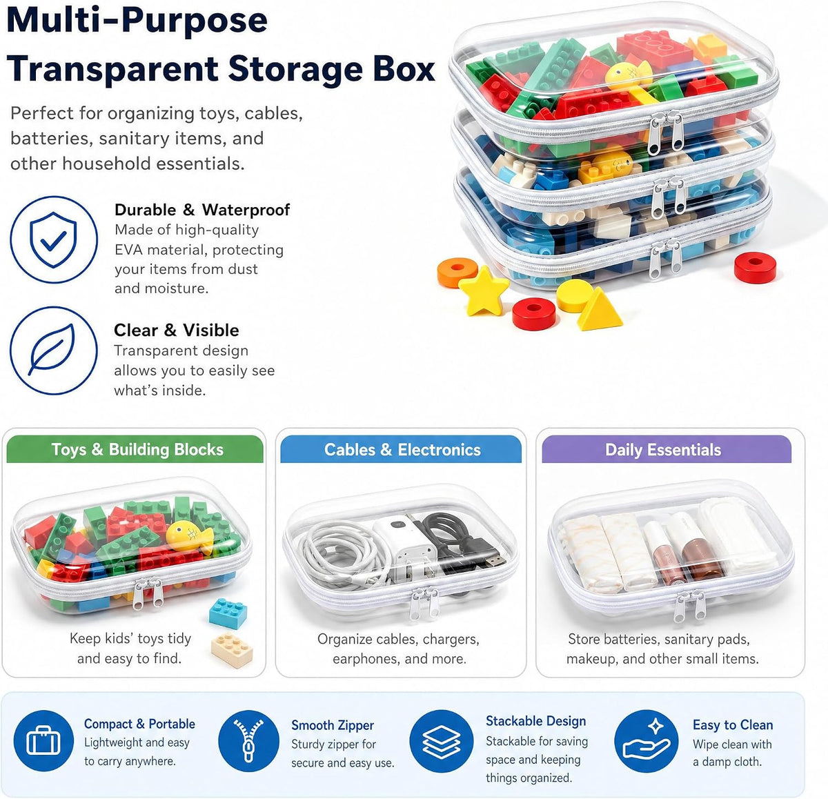 Clear Hard Plastic Zipper Storage Case Set - Portable Travel Organizer with 3 Pouches