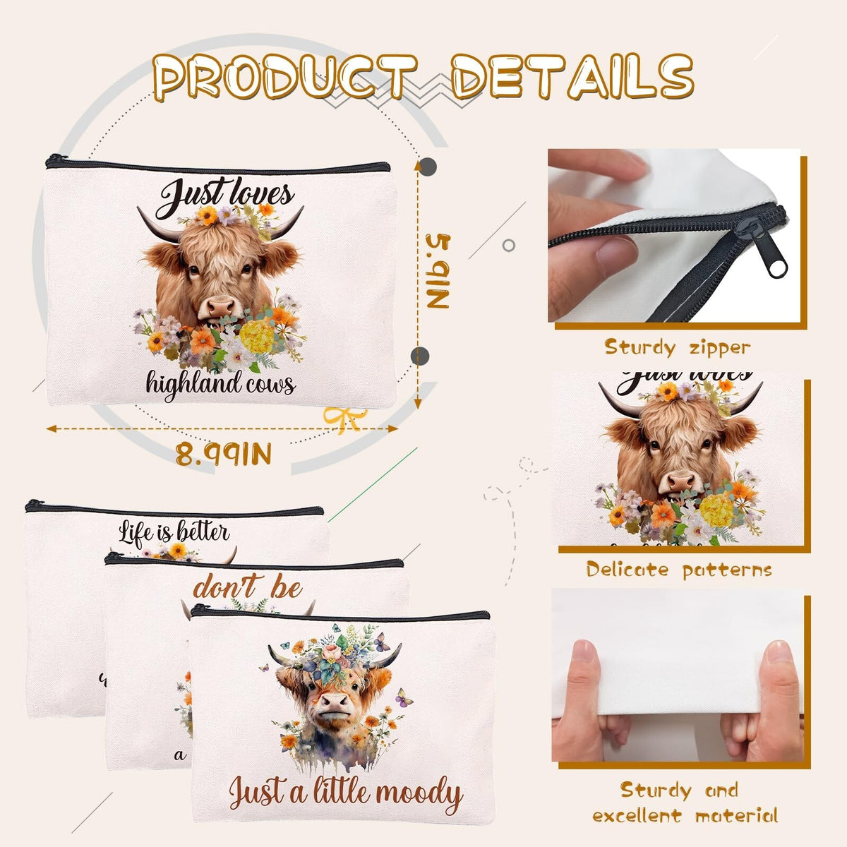 4PCS Highland Cow Makeup Bag Set - Farm Theme Cosmetic Pouches for Women