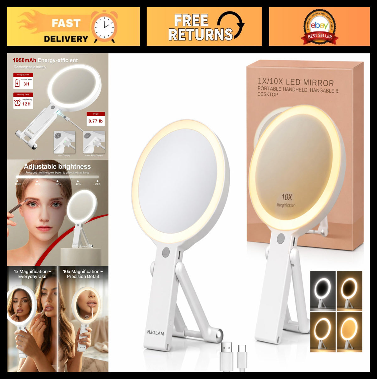 Double-Sided LED Makeup Mirror 1X 10X Magnification with 3 Light Modes