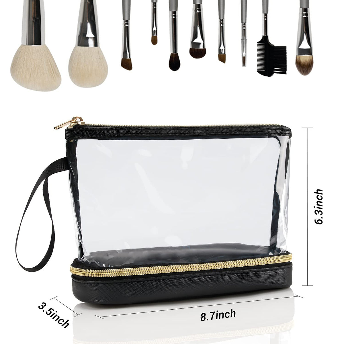Small Clear Travel Makeup Bag with Double Layers and Faux Leather Handle